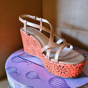 Kate Spade Wedge Sandal Heel / Tan & Orange / Size 9.5 / New In Box